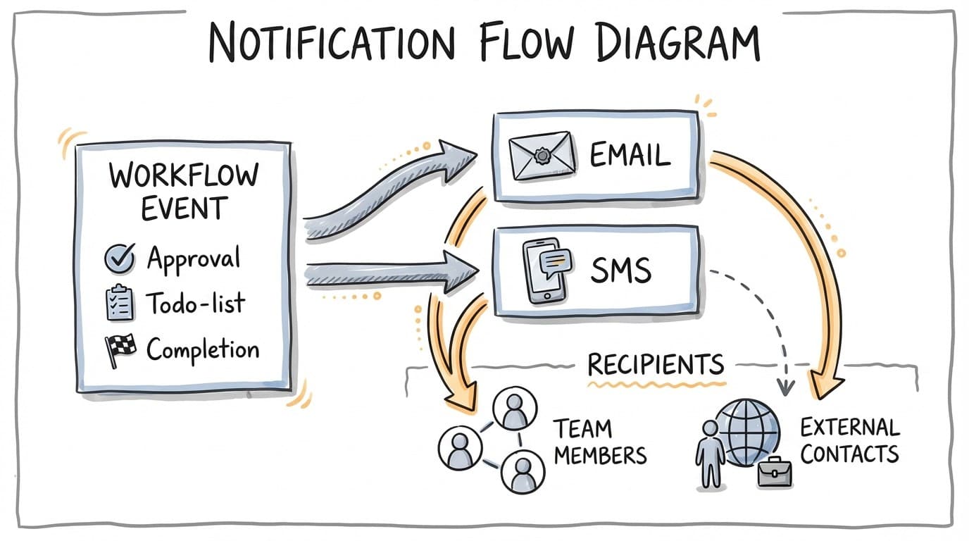 Notification flow showing workflow events triggering email, SMS, and in-app notifications to team members and external contacts